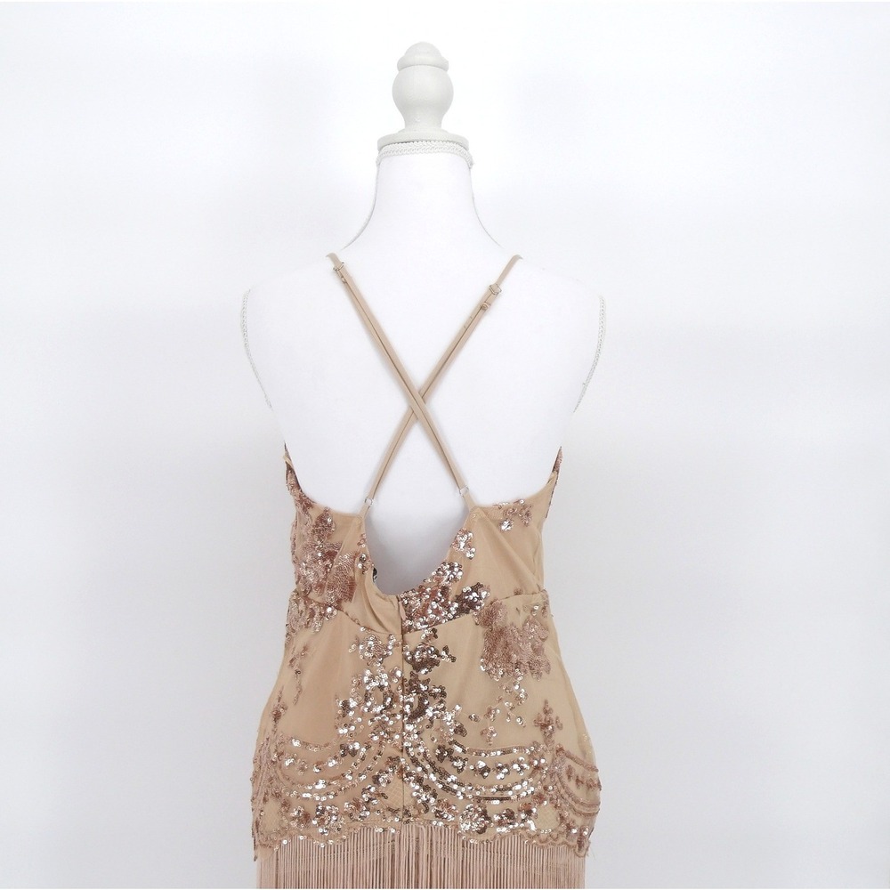 Sequin Fringe Flapper Romper‎ Deep V Gatsby Party Jumper Beige Size M - Picture 4 of 8
